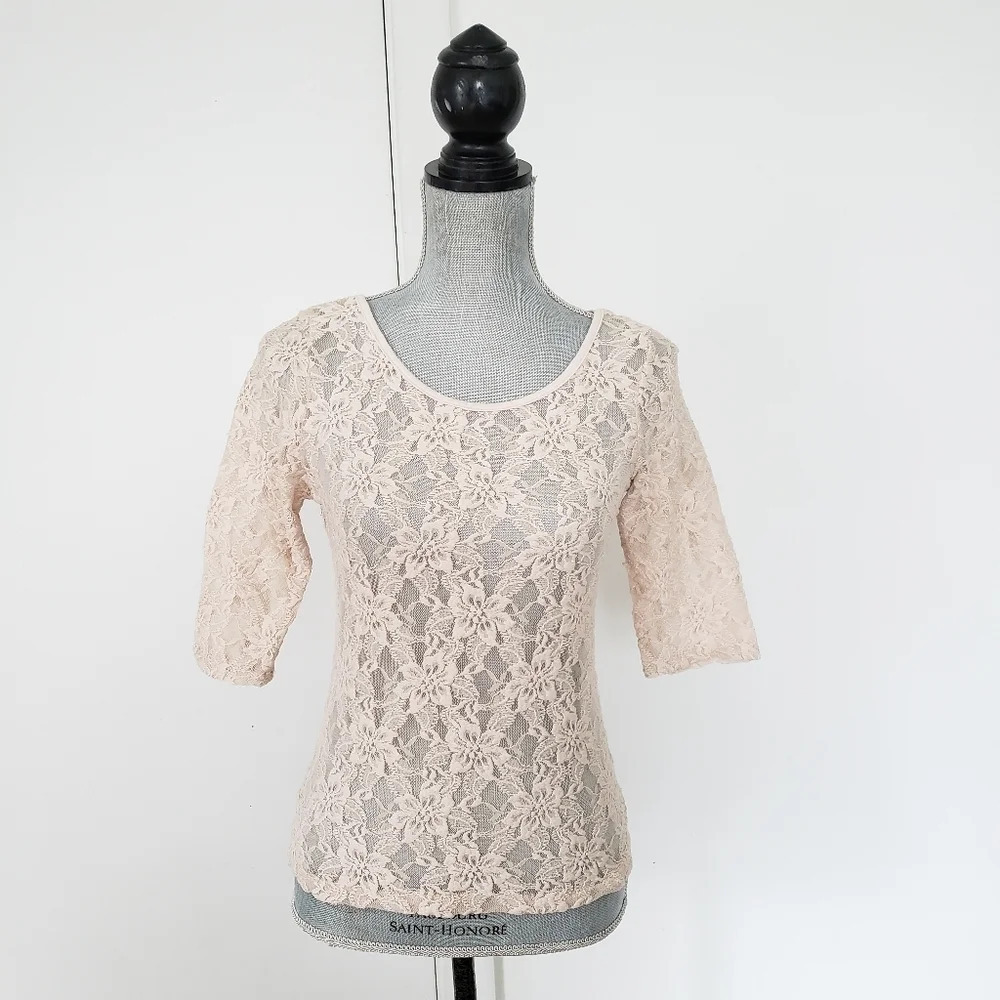 Beige Nutral Short Sleeve See Through Lace Top S